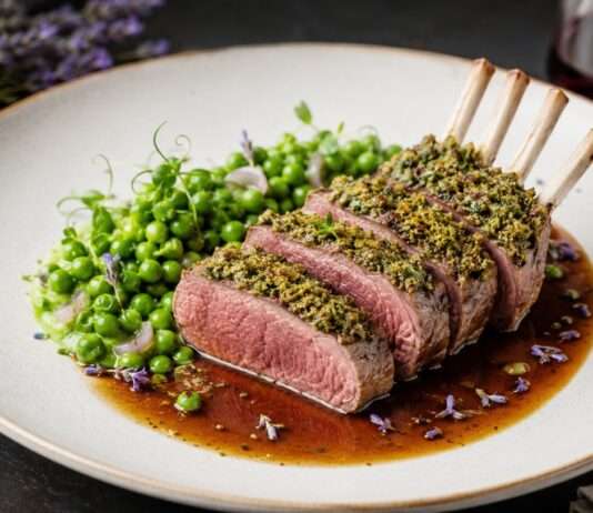 Lammrücken sous-vide mit Kräuterkruste, jungen Erbsen und Lavendel-Jus Lammrücken-sous-vide-mit-Kräuterkruste-und-jungen-Erbsen-und-Lavendel-Jus