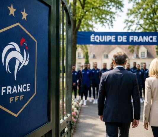 Macron in Clairefontaine: Der Präsident stimmt die Bleus auf die WM ein Macron-Nationalmannschaft_Illustration