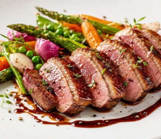 Frühling auf dem Teller: Magret de canard mit Frühlingsgemüse und Balsamico-Reduktion Magret-de-canard-mit-Frühlingsgemüse-und-Balsamico-Reduktion