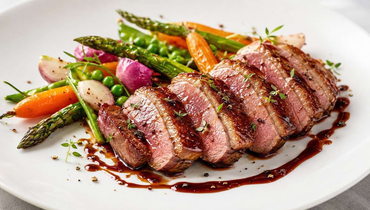 Frühling auf dem Teller: Magret de canard mit Frühlingsgemüse und Balsamico-Reduktion