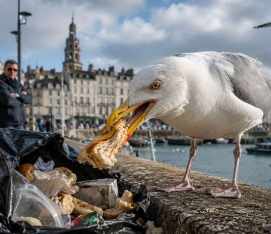 Wenn Möwen zur Plage werden: Frankreichs Küstenstädte kämpfen mit einem cleveren Vogel Möwe-in-einer-belebten-Hafenstraße_Illustration