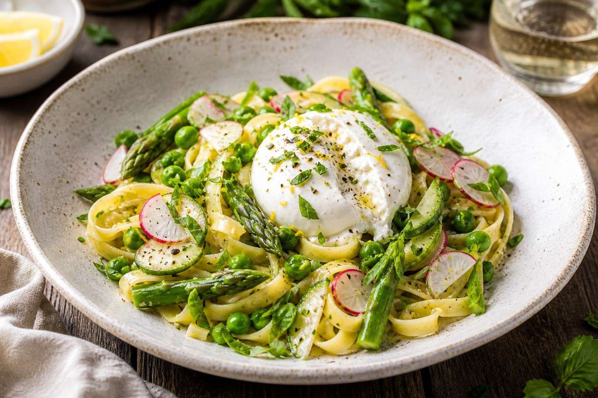 Pâtes fraîches mit Frühlingsgemüse und Burrata