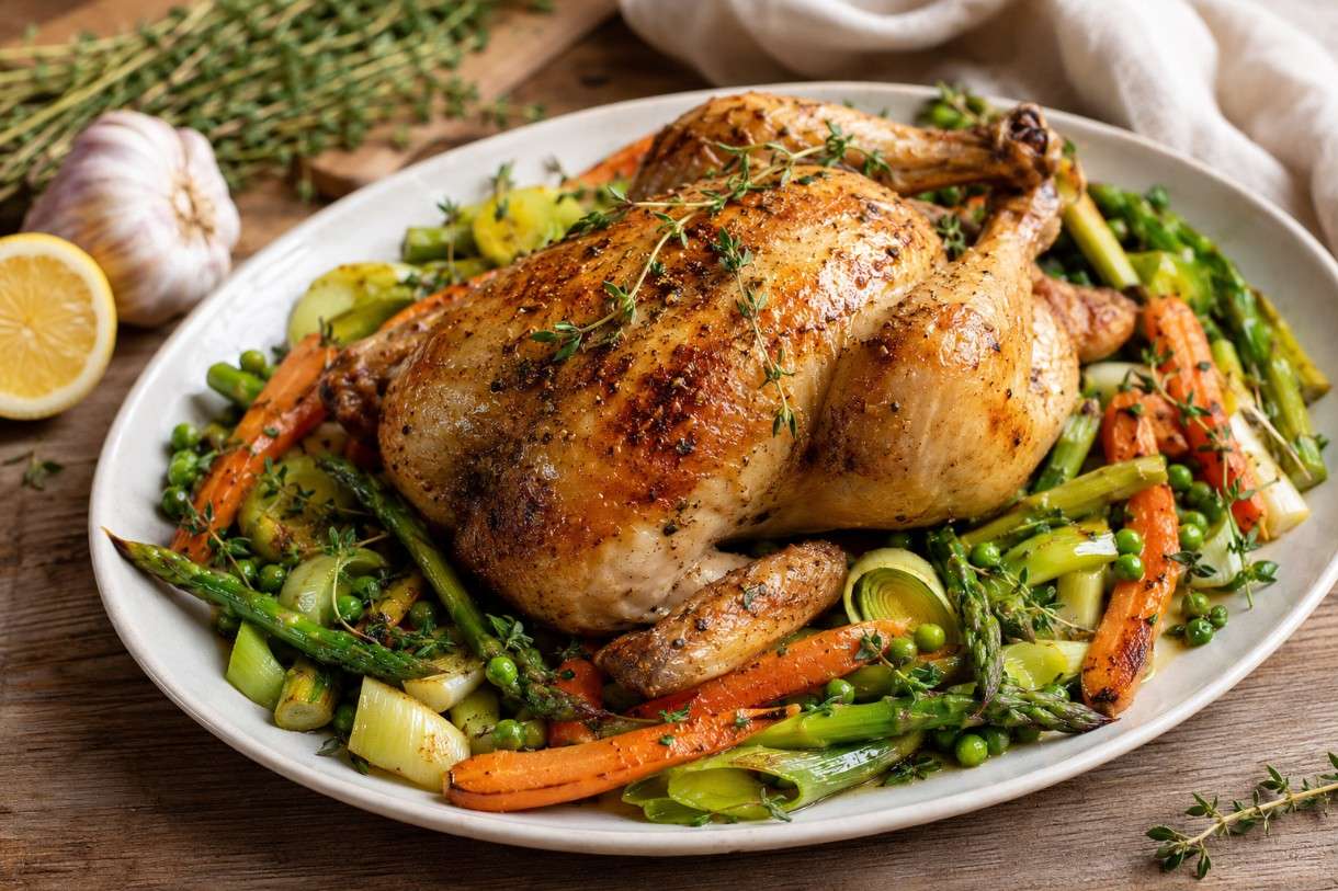 Frühling auf dem Teller: Poulet rôti mit Frühlingsgemüse und Thymian