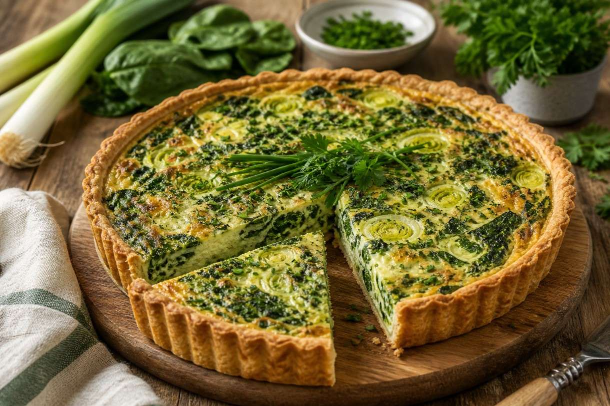 Frühling auf dem Teller: Quiche verte moderne mit Lauch, Spinat & Kräutern