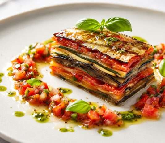 Ratatouille en millefeuille mit Tomaten-Vinaigrette und Basilikumöl Ratatouille-en-millefeuille-mit-Tomaten-Vinaigrette-und-Basilikumöl