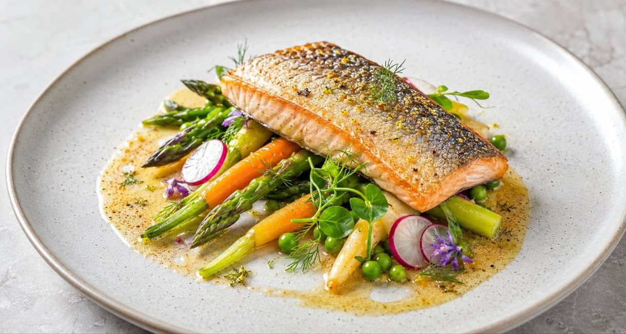 Saibling mit Fenchel-Pollen, Beurre noisette und Frühlingsgemüse