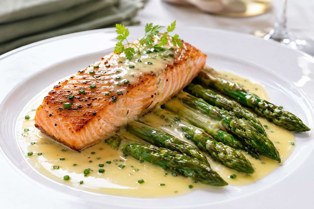 Saumon grillé mit Spargel und Beurre blanc