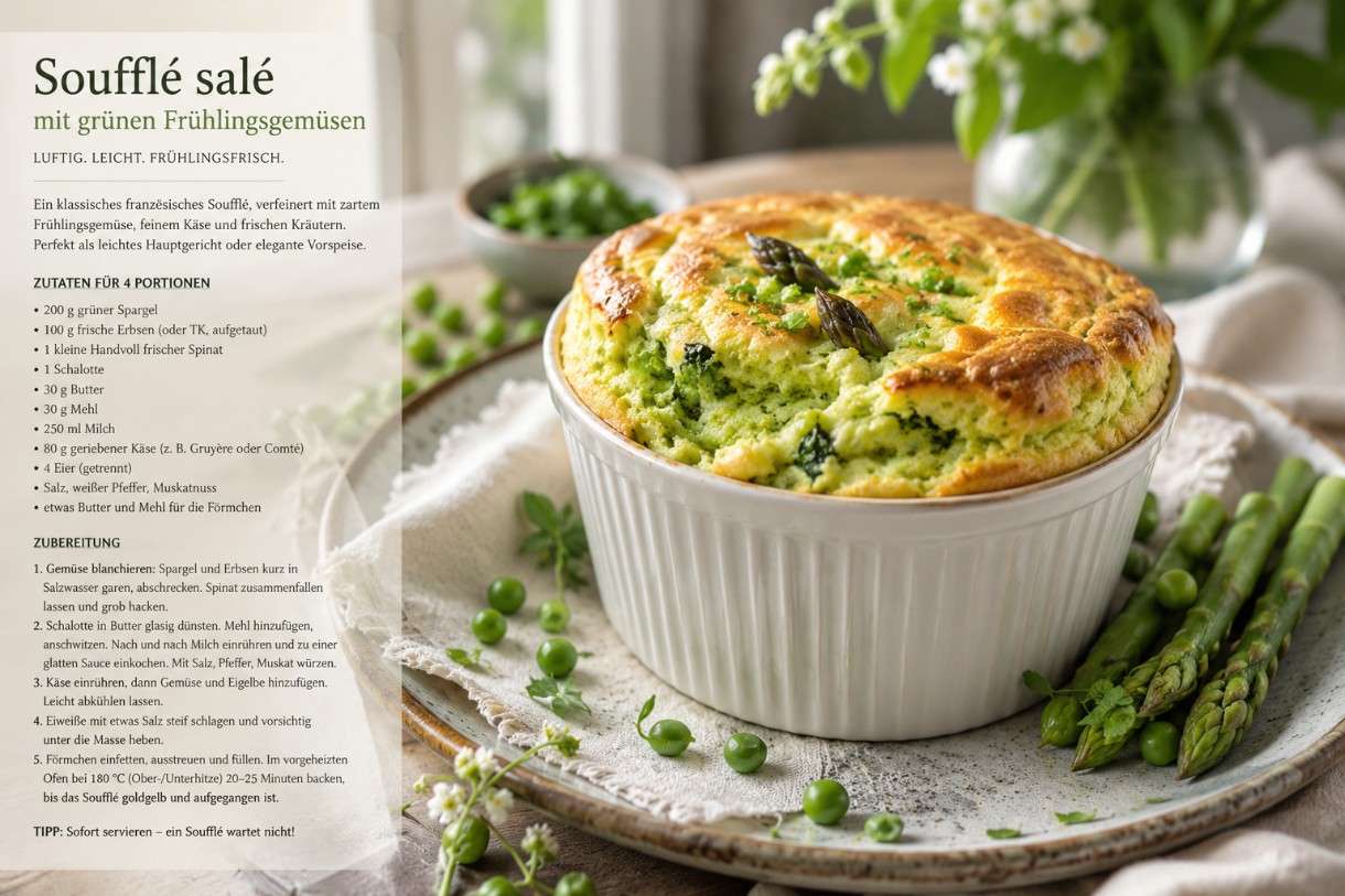 Soufflé salé mit grünen Frühlingsgemüsen – ein kulinarischer Gruß an den Frühling