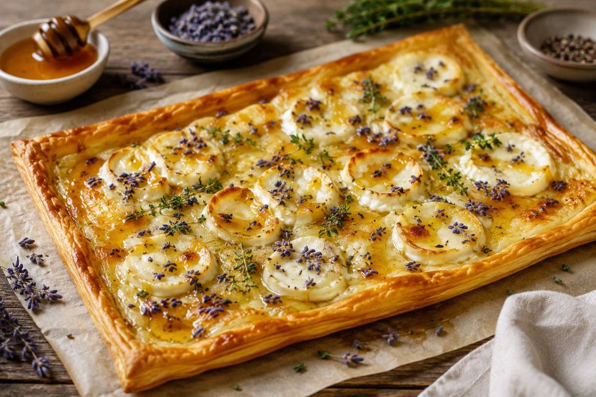 Tarte fine mit Ziegenkäse, Honig & Lavendel