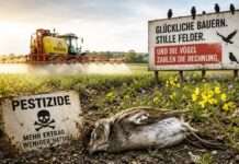 Glückliche Bauern, stille Felder – und die Vögel zahlen die Rechnung Vogelsterben-Pestizide-Landwirtschaft_Illustration