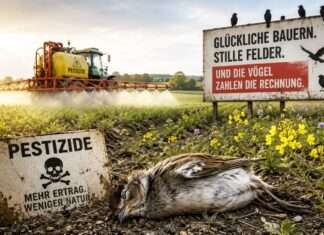 Glückliche Bauern, stille Felder – und die Vögel zahlen die Rechnung Vogelsterben-Pestizide-Landwirtschaft_Illustration